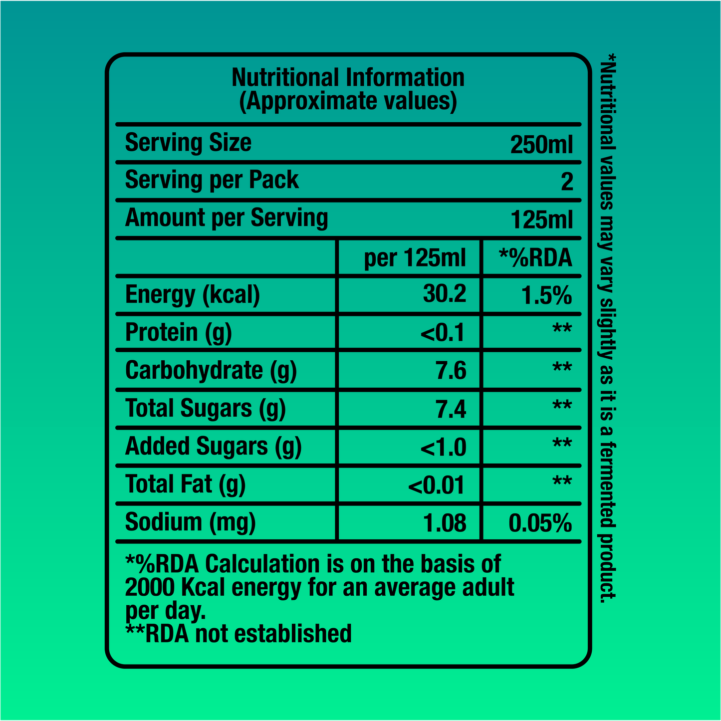 Fermenta Ginger Lemon Kombucha Nutrition label