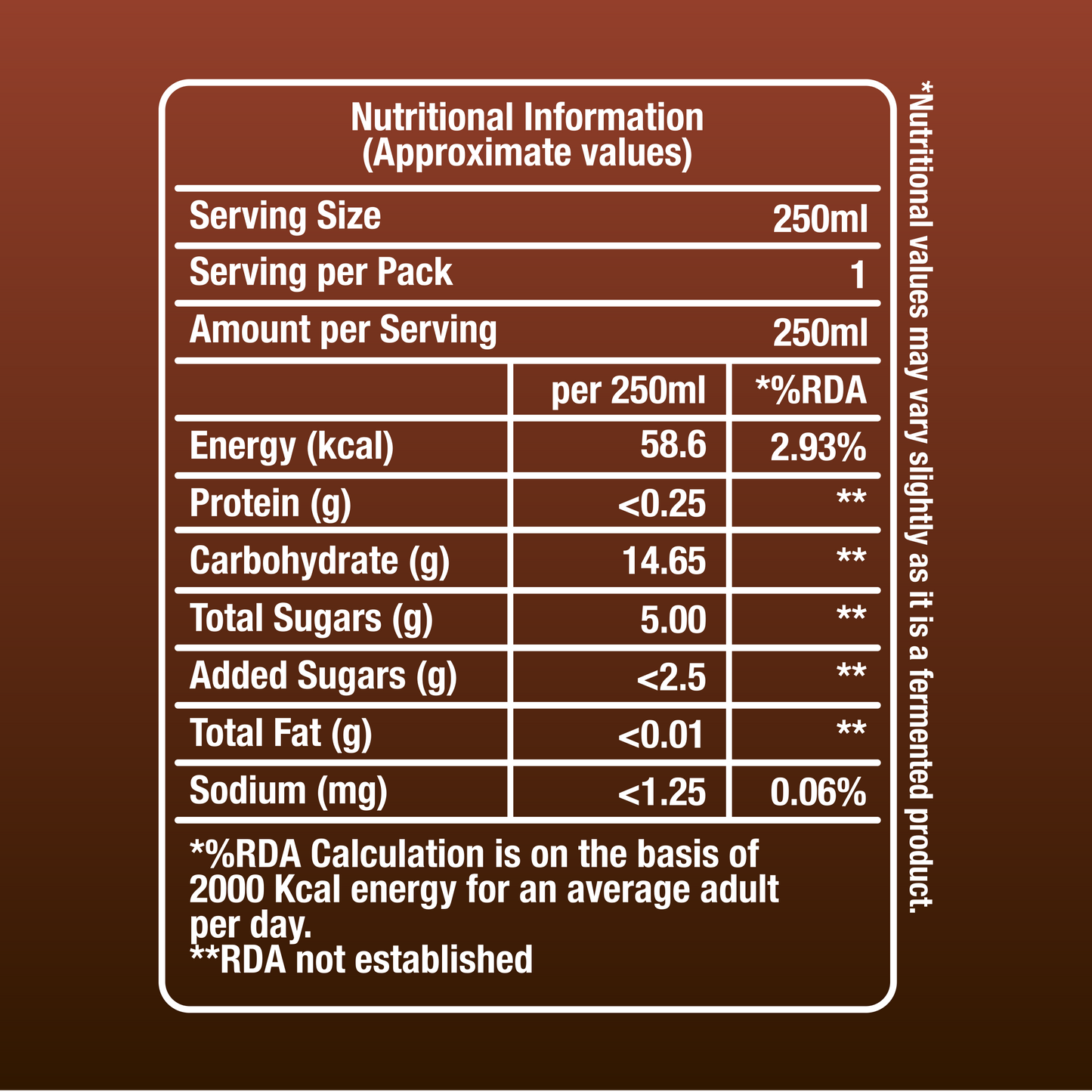 Fermenta Orange Coffee Kombucha Nutrition label