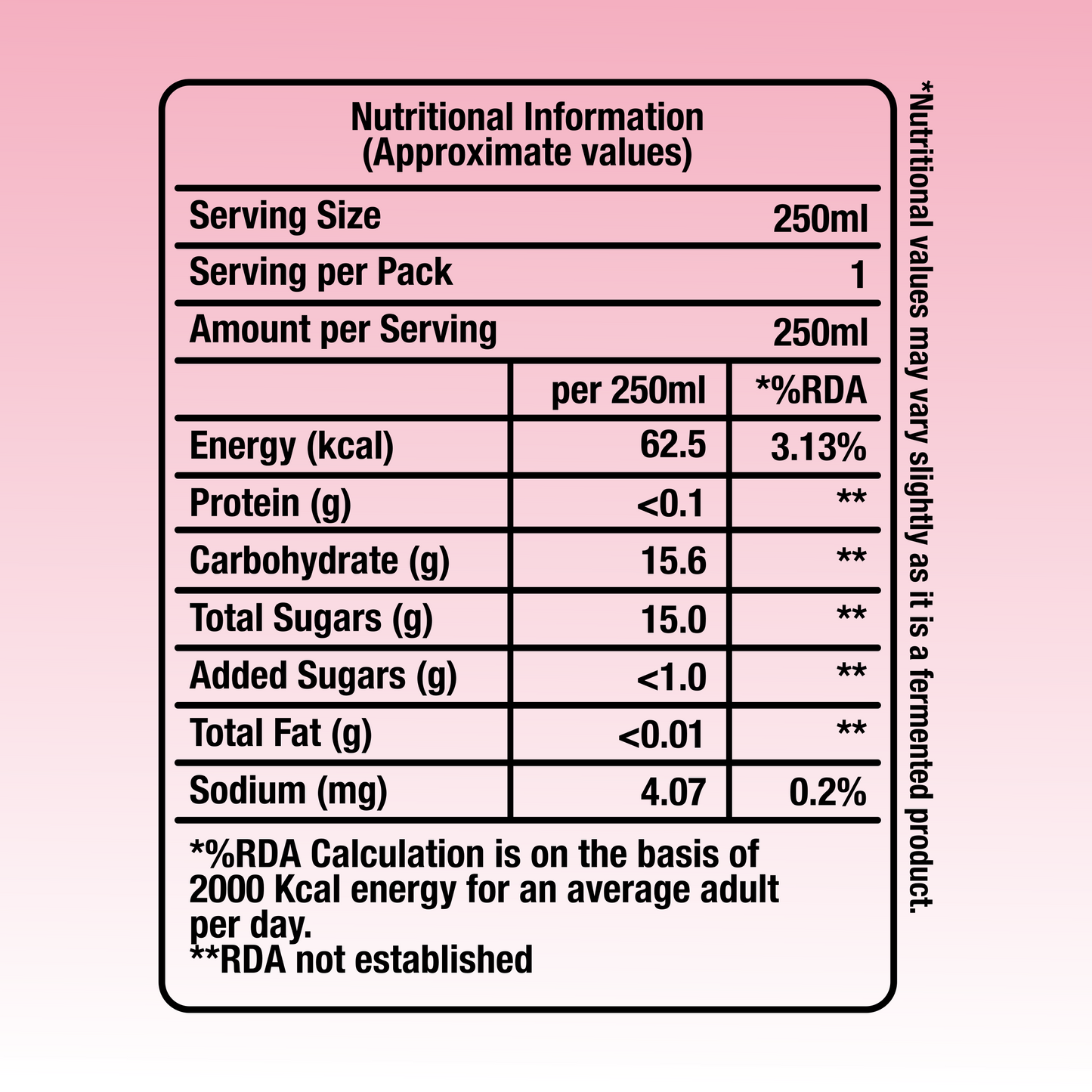 Fermenta Raspberry Basil Water Kefir Nutrition label