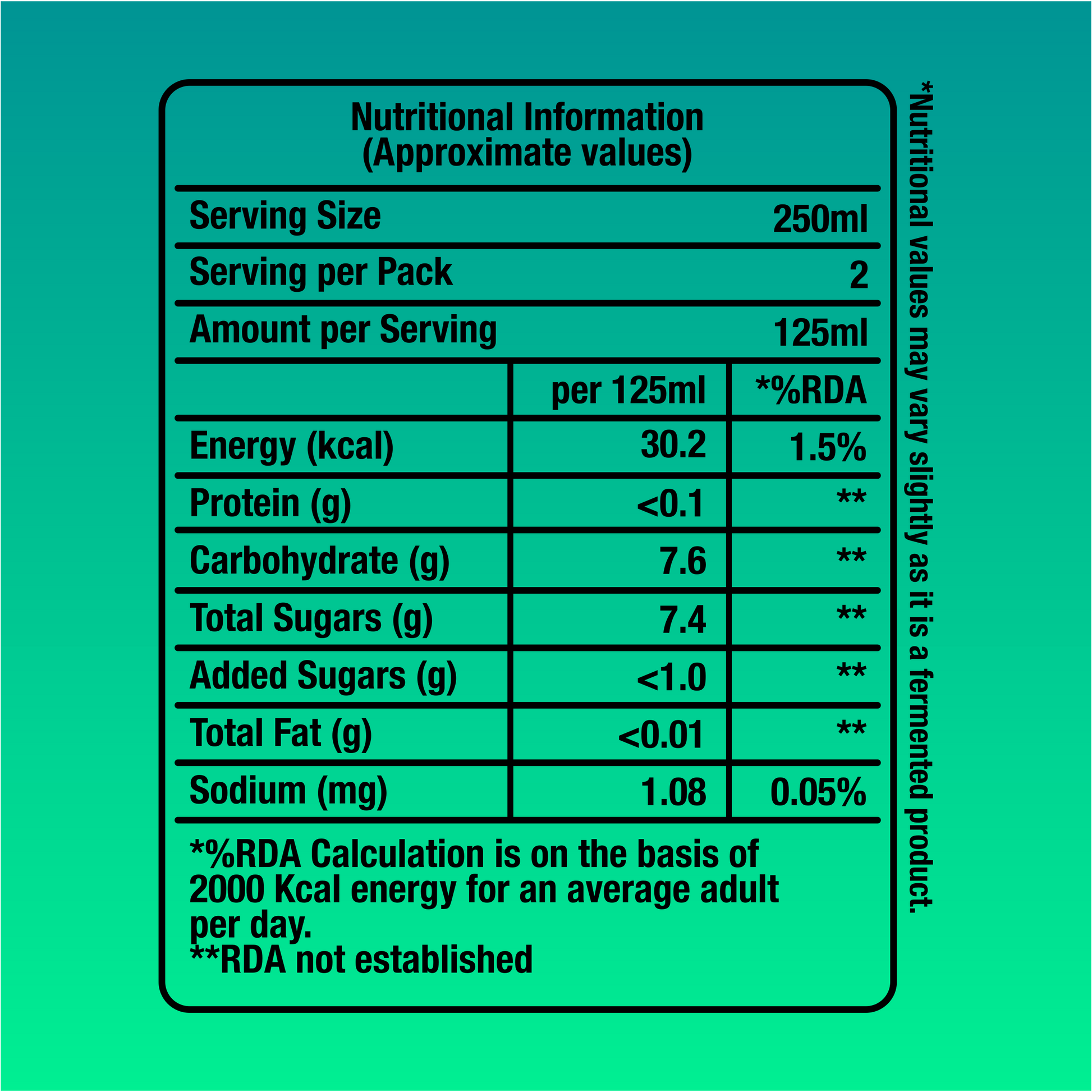 Fermenta Ginger Lemon Kombucha Nutrition label