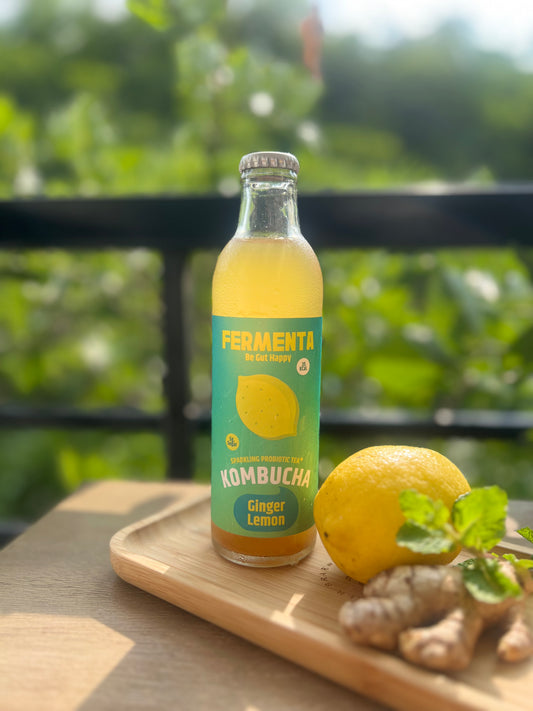 Lemon Ginger Kombucha-Fermented Sparkling Probiotic Tea | 100% Natural & Vegan | Gut Health & Energy